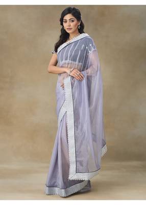 Lavender Embellished Net Saree With Blouse Piece 5