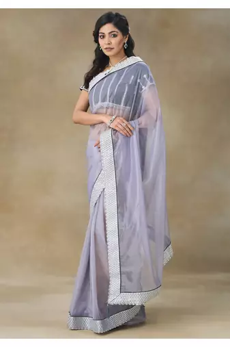 Lavender Embellished Net Saree With Blouse Piece