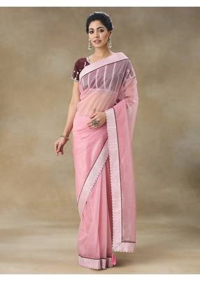 Pink Embellished Net Saree With Blouse Piece 1