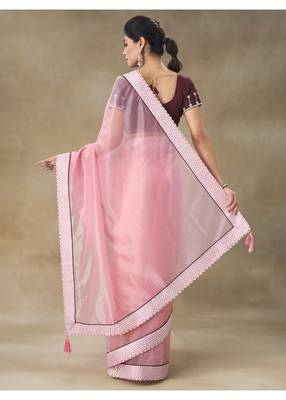 Pink Embellished Net Saree With Blouse Piece 2