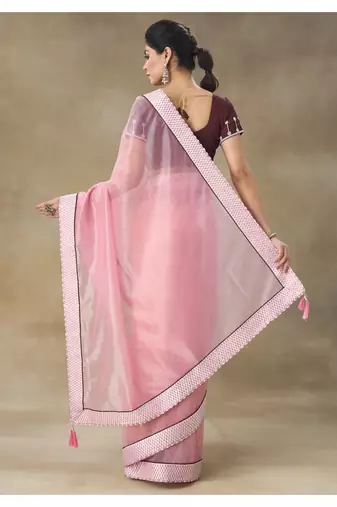 Pink Embellished Net Saree With Blouse Piece