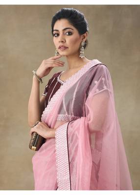 Pink Embellished Net Saree With Blouse Piece 3