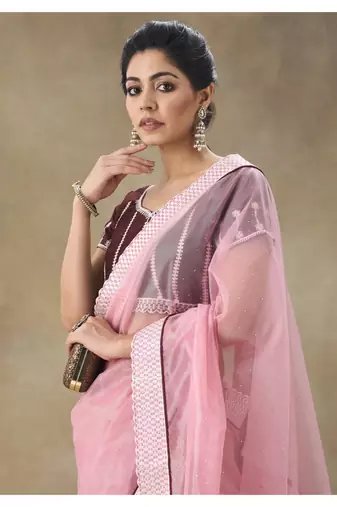 Pink Embellished Net Saree With Blouse Piece