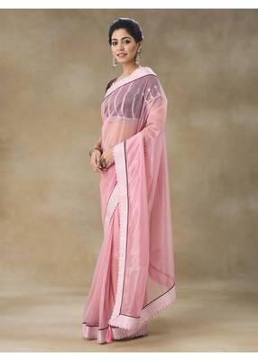 Pink Embellished Net Saree With Blouse Piece 5