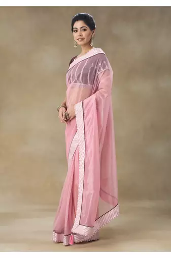 Pink Embellished Net Saree With Blouse Piece