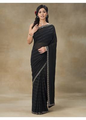 Black Embellished Poly Georgette Saree With Blouse Piece 1