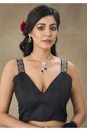Black Embellished Poly Georgette Saree With Blouse Piece