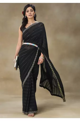 Black Embellished Poly Georgette Saree With Blouse Piece