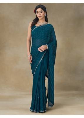 Blue Embellished Satin Saree With Blouse Piece 1