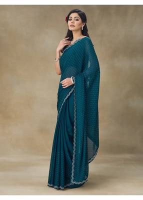 Blue Embellished Satin Saree With Blouse Piece 2