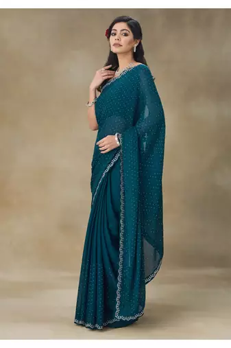 Blue Embellished Satin Saree With Blouse Piece