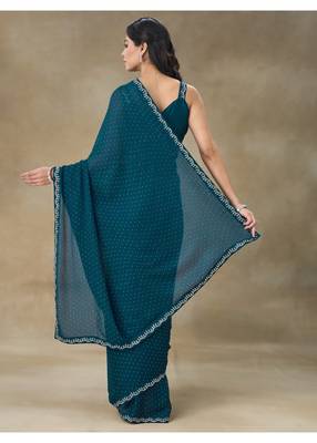 Blue Embellished Satin Saree With Blouse Piece 3