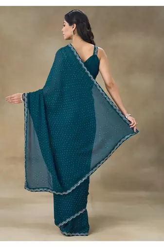 Blue Embellished Satin Saree With Blouse Piece