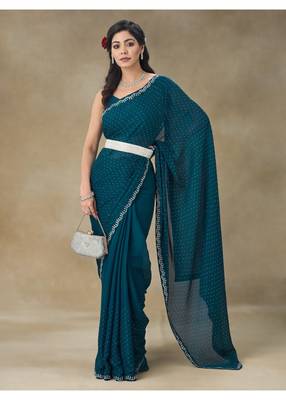 Blue Embellished Satin Saree With Blouse Piece 4