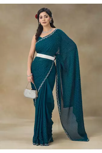 Blue Embellished Satin Saree With Blouse Piece