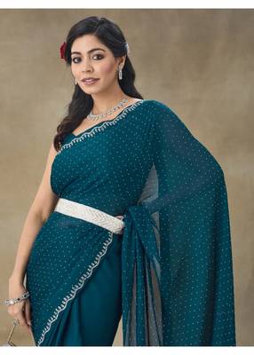 Blue Embellished Satin Saree With Blouse Piece 5