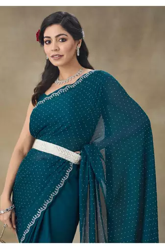 Blue Embellished Satin Saree With Blouse Piece