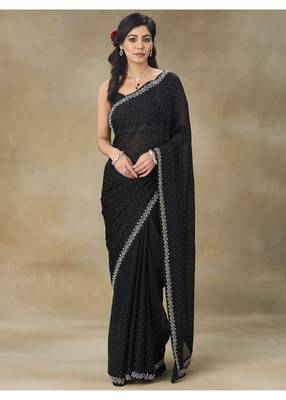 Black Embellished Poly Chiffon Saree With Blouse Piece 1