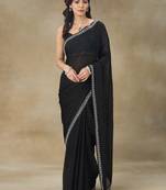 Black Embellished Poly Chiffon Saree With Blouse Piece