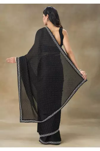 Black Embellished Poly Chiffon Saree With Blouse Piece