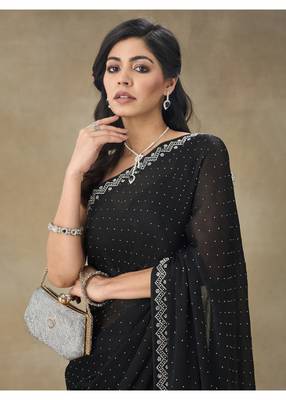 Black Embellished Poly Chiffon Saree With Blouse Piece 3