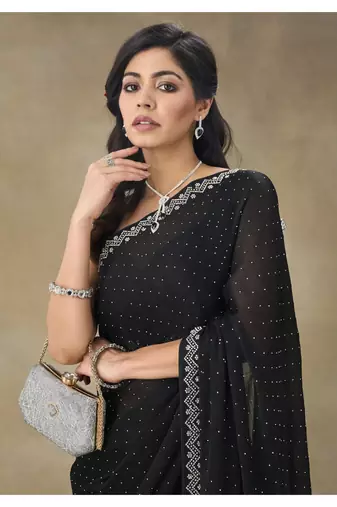 Black Embellished Poly Chiffon Saree With Blouse Piece