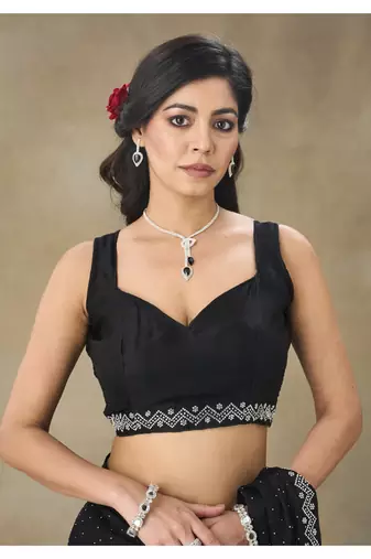 Black Embellished Poly Chiffon Saree With Blouse Piece