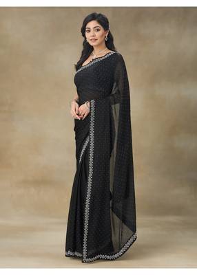 Black Embellished Poly Chiffon Saree With Blouse Piece 5