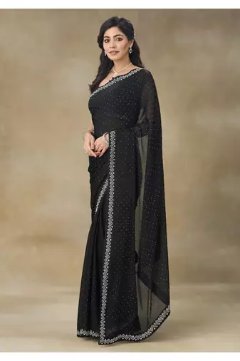 Black Embellished Poly Chiffon Saree With Blouse Piece