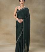 Bottle Green Embellished Poly Chiffon Saree With Blouse Piece