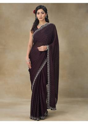 Wine Embellished Poly Chiffon Saree With Blouse Piece 1