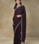 Wine Embellished Poly Chiffon Saree With Blouse Piece
