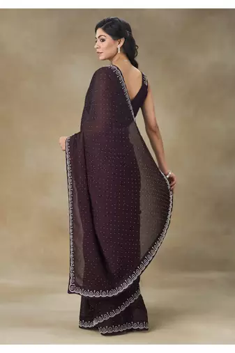 Wine Embellished Poly Chiffon Saree With Blouse Piece