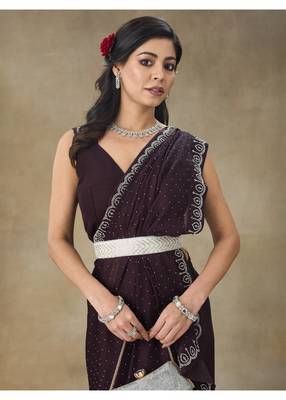 Wine Embellished Poly Chiffon Saree With Blouse Piece 3