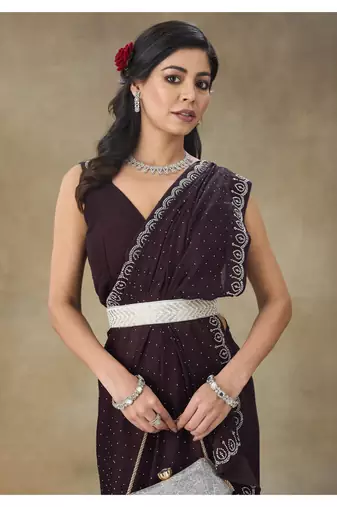 Wine Embellished Poly Chiffon Saree With Blouse Piece