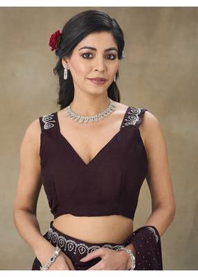 Wine Embellished Poly Chiffon Saree With Blouse Piece 4