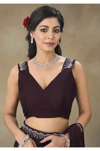 Wine Embellished Poly Chiffon Saree With Blouse Piece