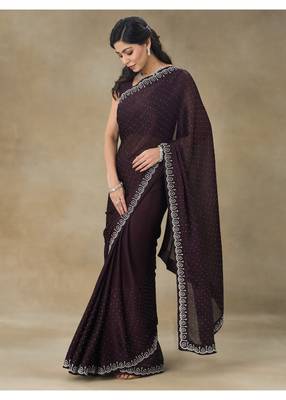 Wine Embellished Poly Chiffon Saree With Blouse Piece 5