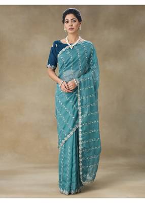Teal Blue Embroidered Organza Saree With Blouse Piece 1