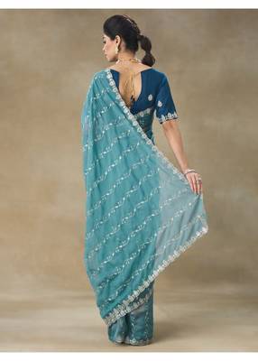 Teal Blue Embroidered Organza Saree With Blouse Piece 2