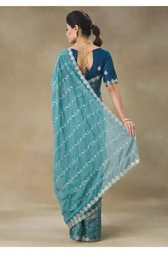Teal Blue Embroidered Organza Saree With Blouse Piece