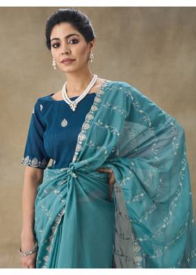 Teal Blue Embroidered Organza Saree With Blouse Piece 3