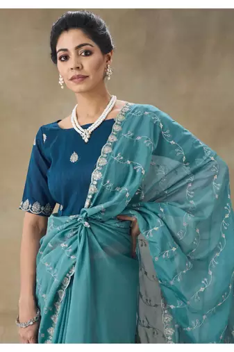 Teal Blue Embroidered Organza Saree With Blouse Piece