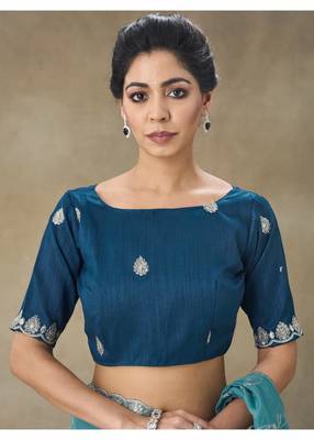 Teal Blue Embroidered Organza Saree With Blouse Piece 4
