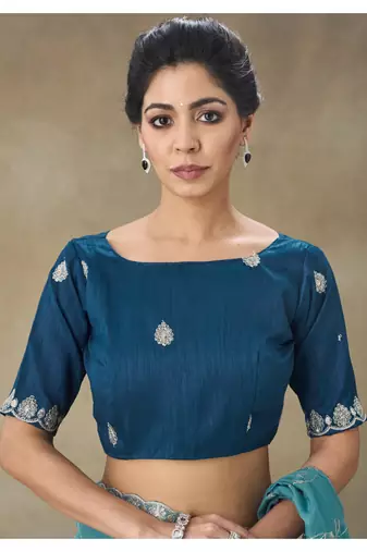 Teal Blue Embroidered Organza Saree With Blouse Piece
