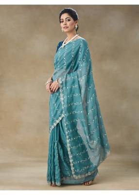 Teal Blue Embroidered Organza Saree With Blouse Piece 5