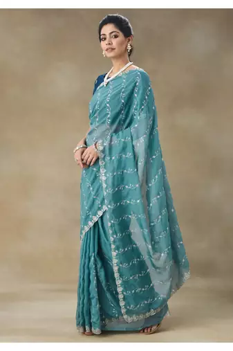 Teal Blue Embroidered Organza Saree With Blouse Piece