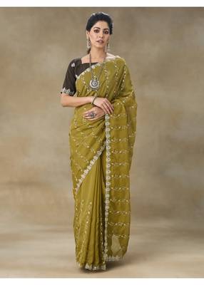 Mustard Embroidered Organza Saree With Blouse Piece 1