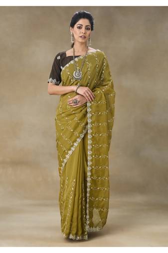 Mustard Embroidered Organza Saree With Blouse Piece