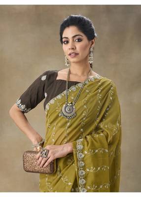 Mustard Embroidered Organza Saree With Blouse Piece 3